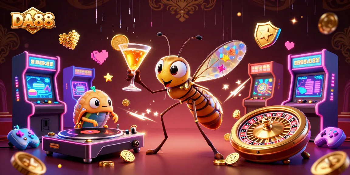 Engaging DA88 casino scene featuring 3D characters, vibrant game elements, and neon effects