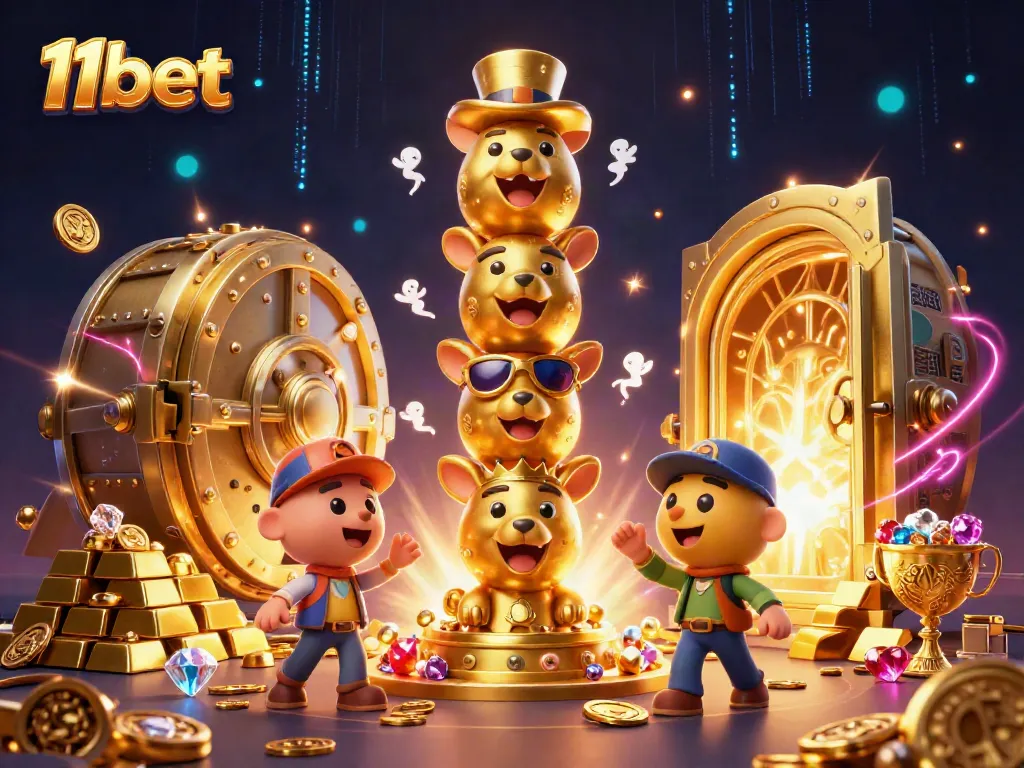 Engage with 11bet's vibrant casino scene featuring a golden totem surrounded by jewels and treasure.