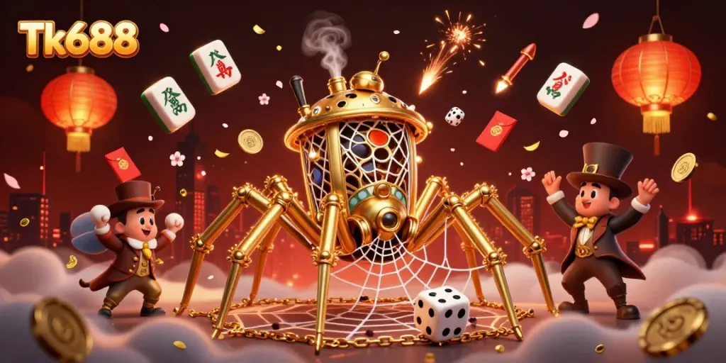 Catch exciting wins at Tk688 with a lively scene of gaming elements and characters.