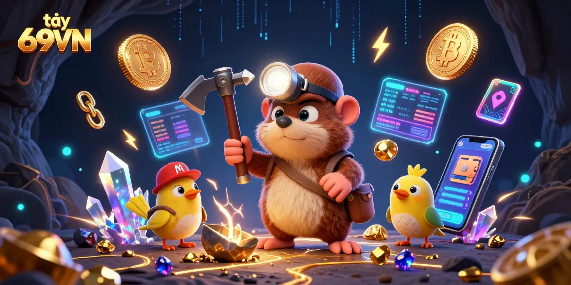 Discover the exciting world at 69VN with vibrant characters mining treasures amidst glowing cryptocurrencies.