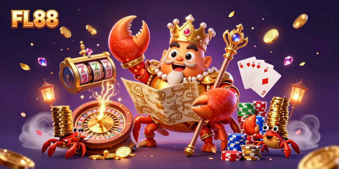 FL88 showcases a vibrant casino scene with a golden crab holding treasures and surrounded by dynamic gaming elements.