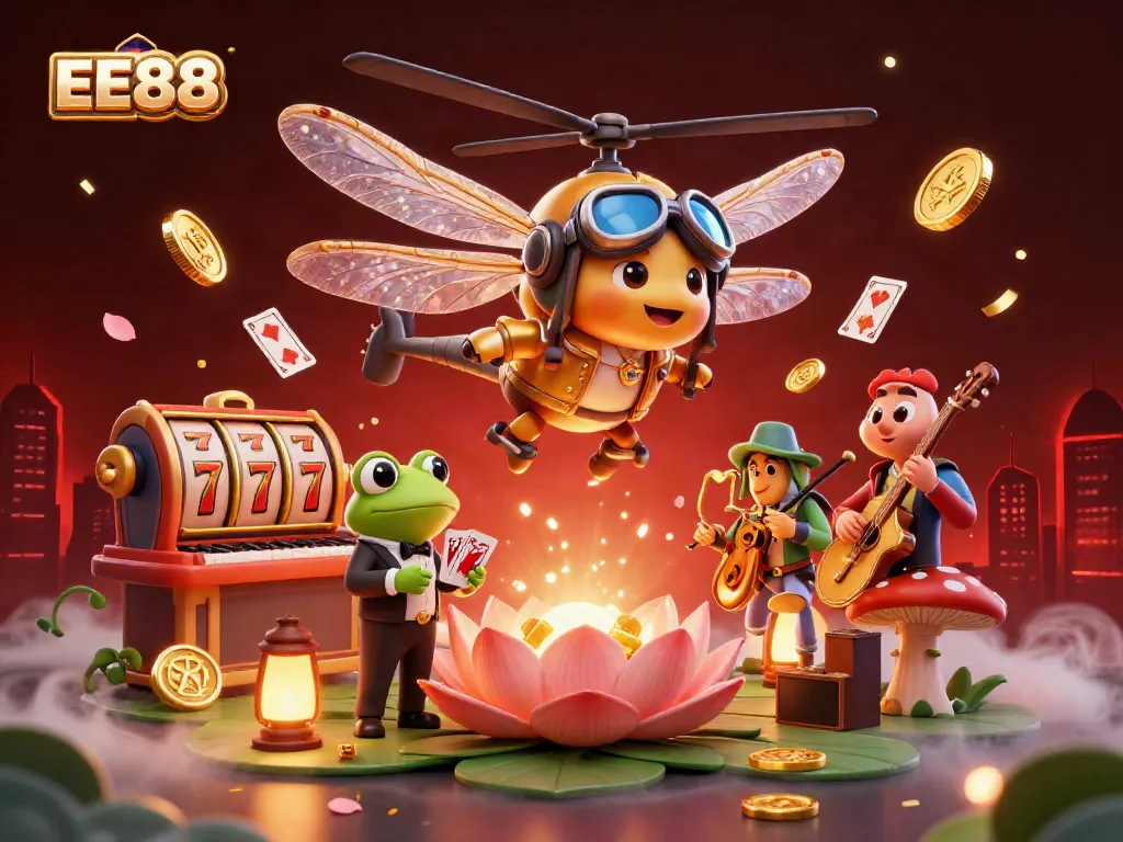 EE88 showcases exhilarating gaming action with a dragonfly pilot and a frog croupier amidst a vibrant casino setting.