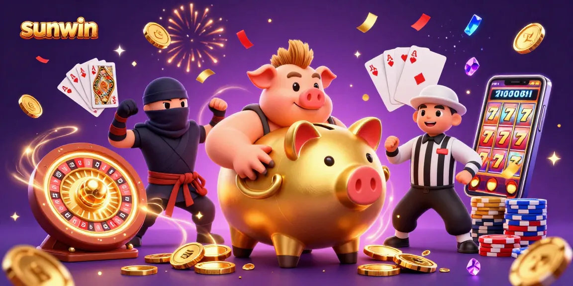Join the fun at sunwin as a golden piggy bank sumo wrestler shakes loose coins in a vibrant casino scene.
