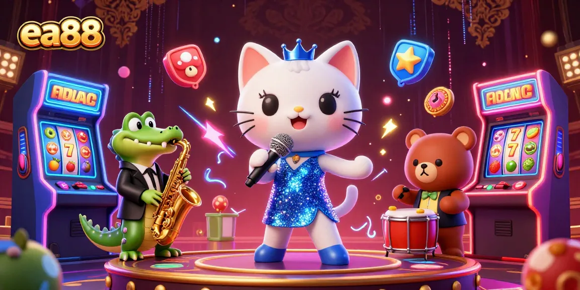 Join the fun with ea88 as the jazzy cat sings at the casino stage with animated colorful elements.
