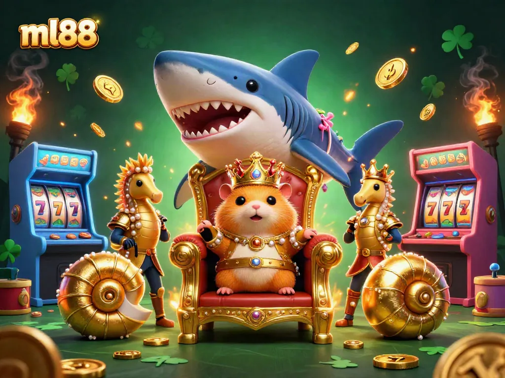 Engage with ml88's dynamic casino experience, featuring vibrant slot reels and a royal hamster king.