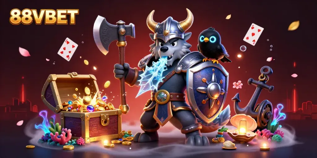 Experience excitement with 88VBET portrayed through a Viking warrior, fierce dragon, and vibrant casino elements.