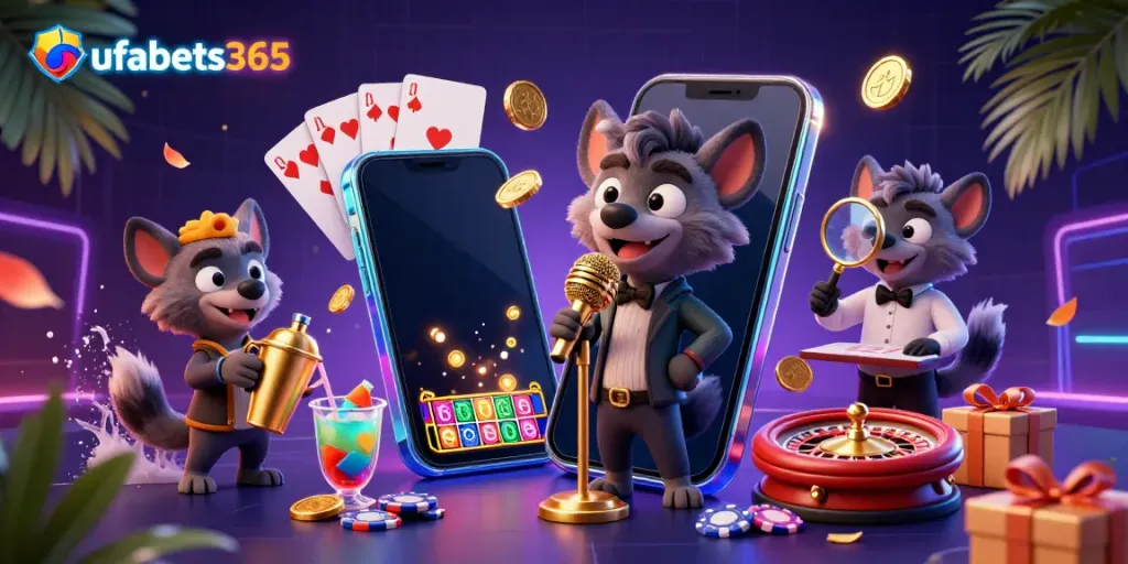 Experience the excitement of ufabets365 with a vibrant 3D casino illustration featuring hyenas in action.