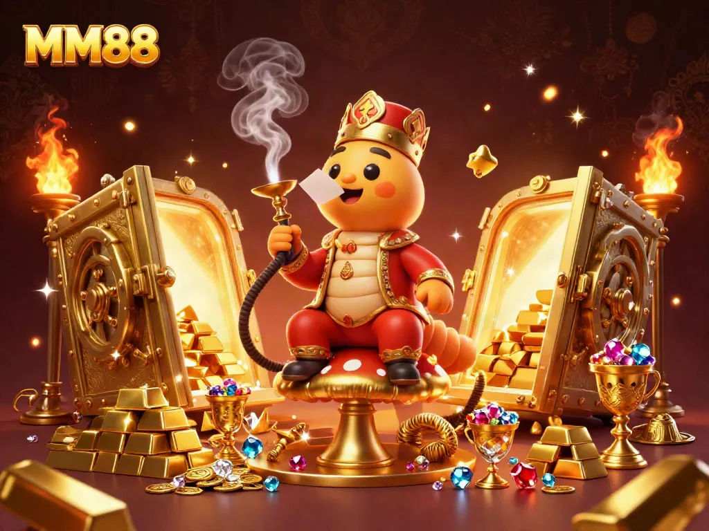Experience MM88 with a lavish, detailed illustration capturing a caterpillar master in a golden casino setting.
