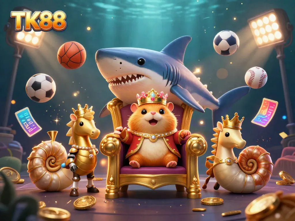 Engage with TK88's vibrant underwater casino scene featuring a golden hamster king and dynamic sports elements.