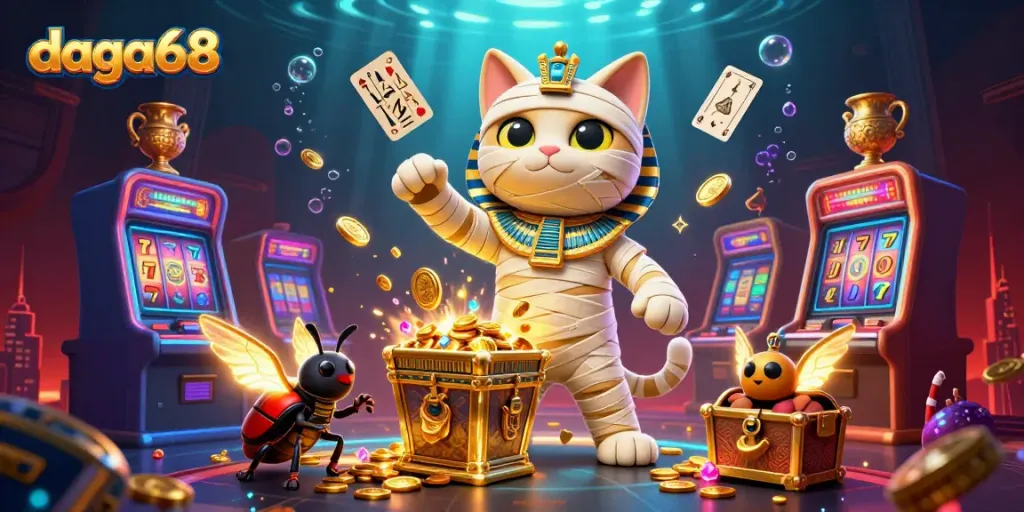 Play exciting games at daga68 with the Egyptian mummy cat and vibrant casino elements!