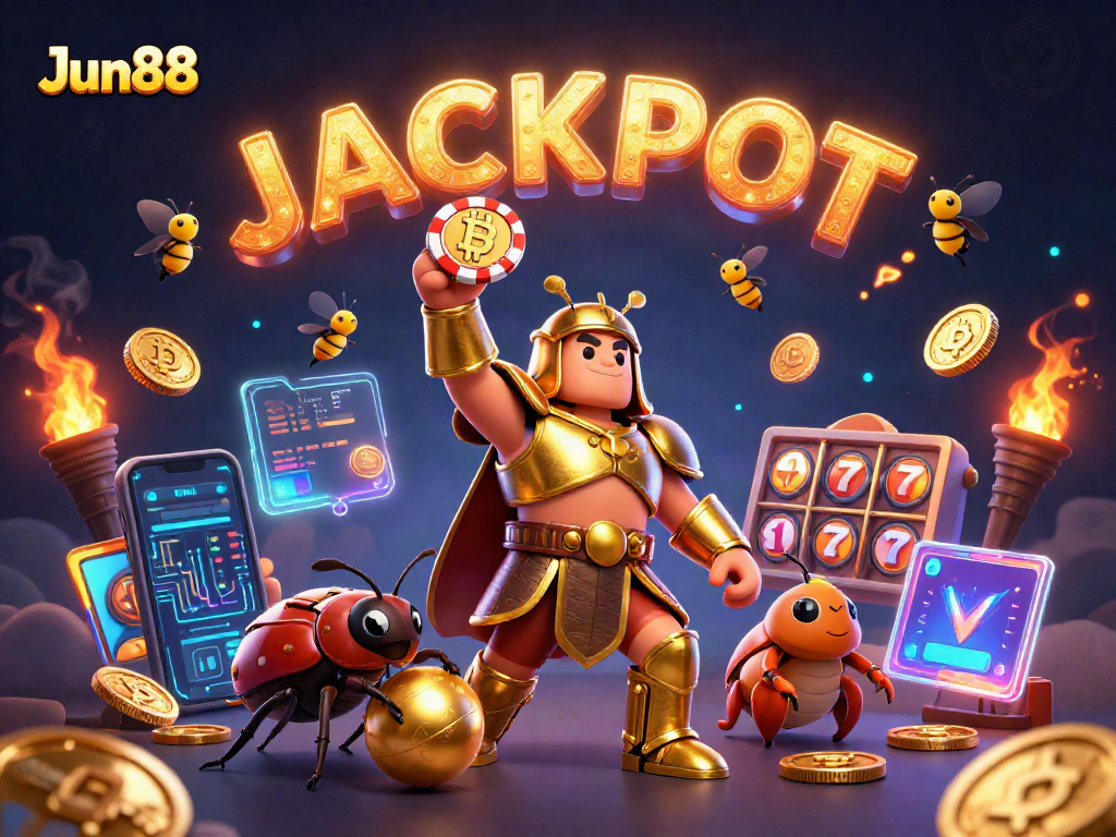 Join the Jun88 jackpot celebration with a heroic beetle lifting a poker chip!