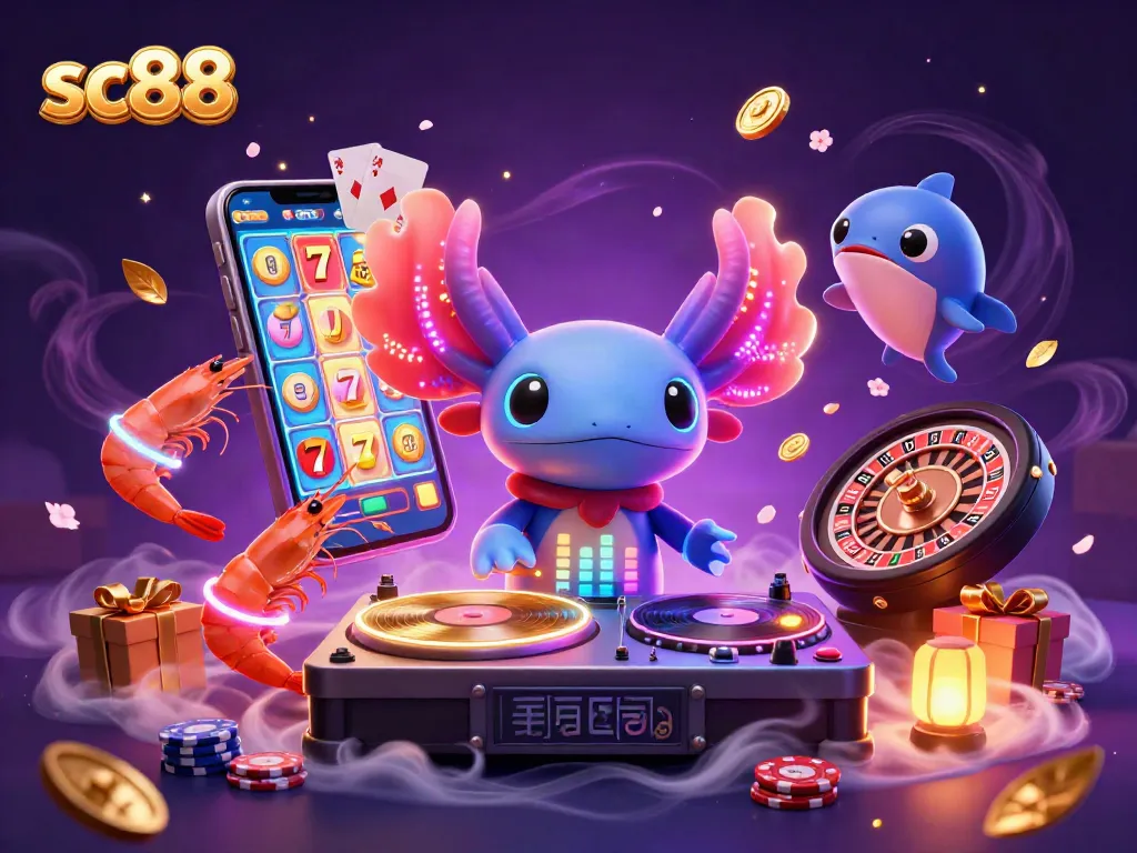Experience sc88 fun as the vibrant axolotl DJ spins slots and cards in this colorful casino scene.