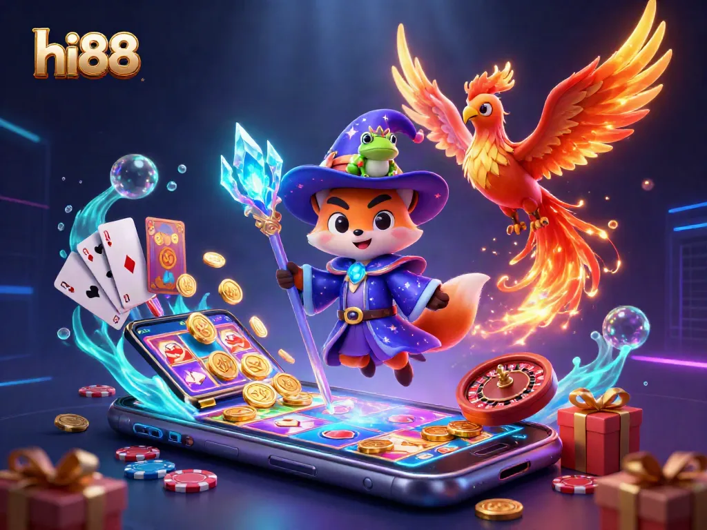 Engage with hi88's vibrant casino world featuring a mystical fox and phoenix in a dynamic gaming scene.