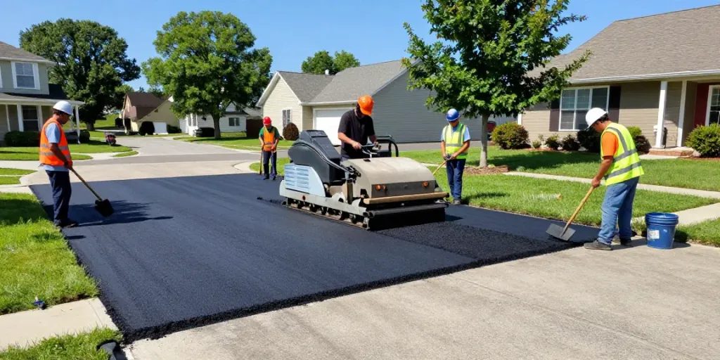 Jakpaving.com team paving a residential driveway, showcasing expert craftsmanship and teamwork in action.