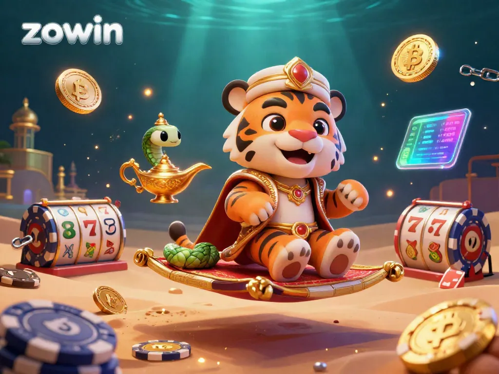 Zowin offers thrilling slots with a tiger sultan on a flying poker chip carpet amidst dynamic casino elements.