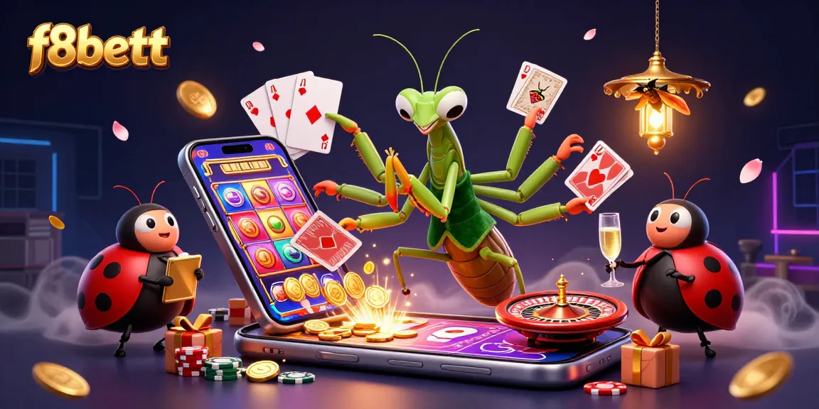 Experience thrilling action with f8bettt as the giant mantis deals vibrant cards in a lively casino scene.
