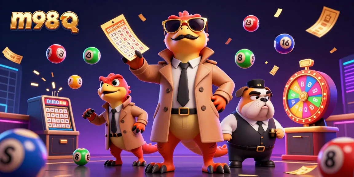 Experience the excitement of m98 q with colorful lottery elements and raptors in a trench coat in a casino
