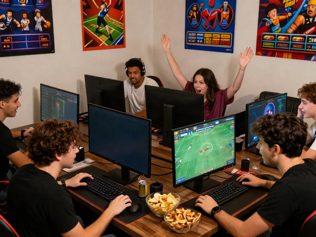 Friends enjoying sports betting on vin88com in a lively gaming room.