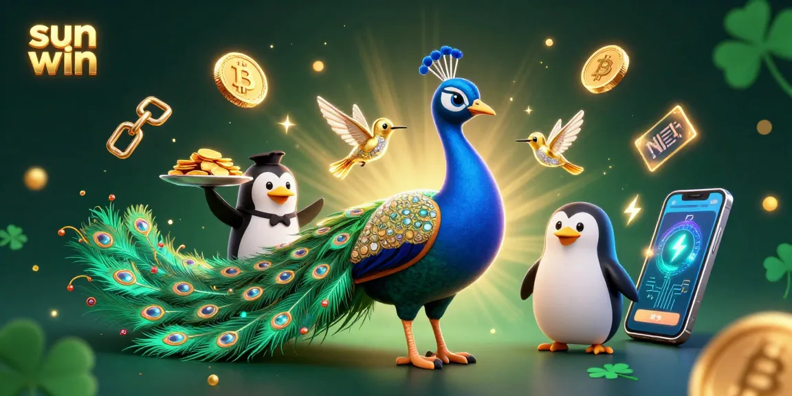 Win with sun win in this vibrant 3D casino scene filled with gold coins and crypto elements.