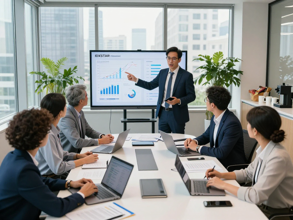 Business professionals analyzing IDXSTAR metrics in a modern conference room, showcasing collaboration and strategic discussions.