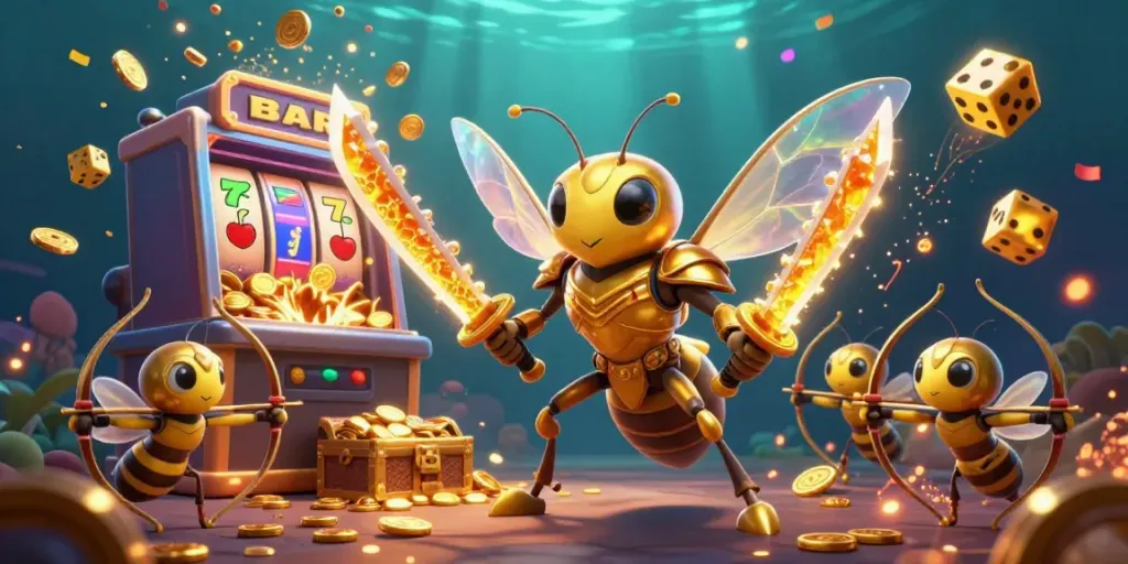Experience the thrilling AE888 action with a giant hornet samurai and bee archers in a lively casino scene.