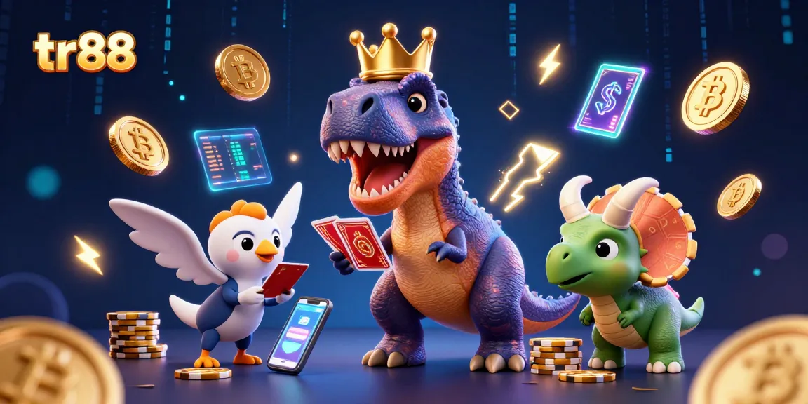 Engage with tr88 and experience thrilling casino fun with a friendly T-Rex, cards, and gold chips.