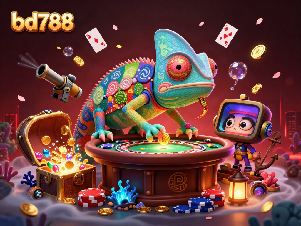 Experience the excitement of bd788 casino gaming with a vibrant chameleon character among treasures and games.