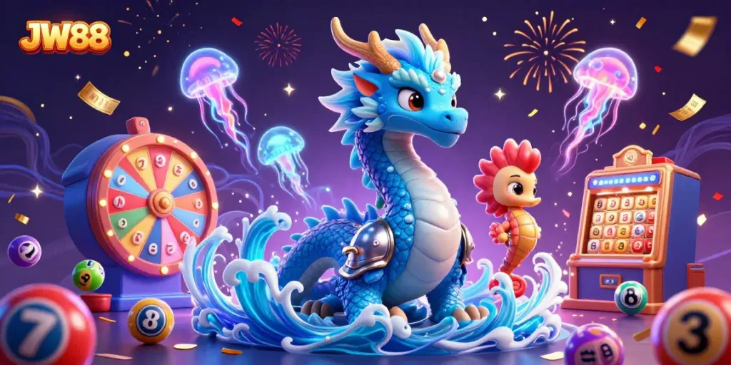 JW88's vibrant casino world engaging players with neon colors, dynamic lottery elements, and interactive characters.
