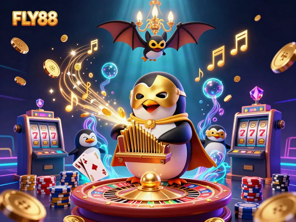 FLY88 captivates with a 3D penguin playing organ amidst cascading coins in a vibrant casino scene.