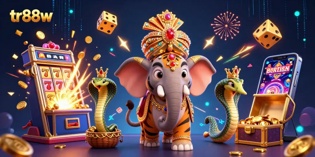 Experience the excitement of tr88w with vibrant slot machines, lucky symbols, and dynamic casino elements.