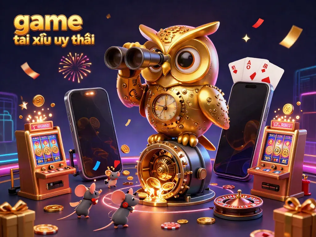 Engage with game tài xỉu uy tín in a vibrant, animated casino scene featuring an owl and mice.