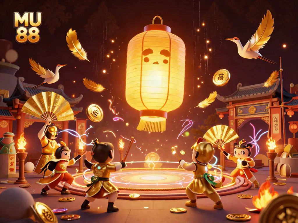 Experience the excitement of MU 88 with a vibrant 3D casino illustration showcasing golden lantern spirits, warriors, and gaming elements.