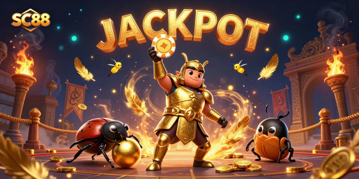 Engaging SC88 illustration showcasing a victorious beetle character in a dynamic casino setting.