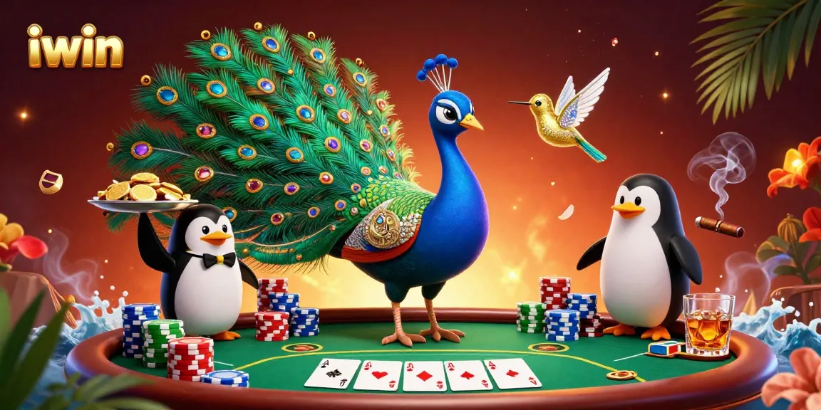 Join the iwin experience with vibrant poker action featuring a luxurious peacock, charming butler, and hummingbird.