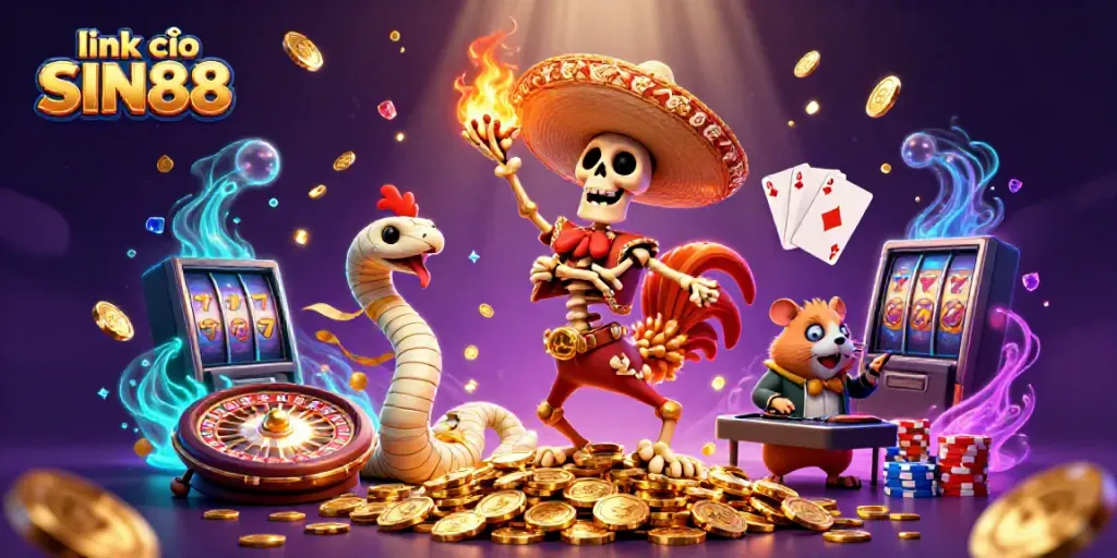 Experience excitement with link vào SIN88 as a mariachi rooster celebrates atop golden coins.