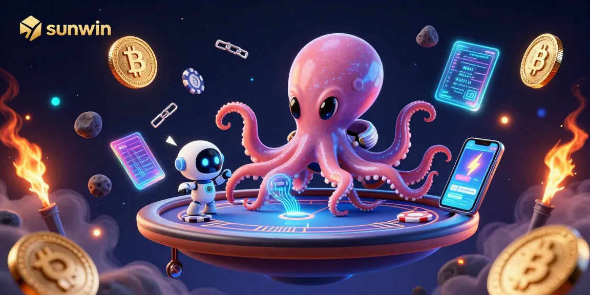 Bet on sunwin at an exciting cosmic poker table with alien characters and cryptocurrency elements.