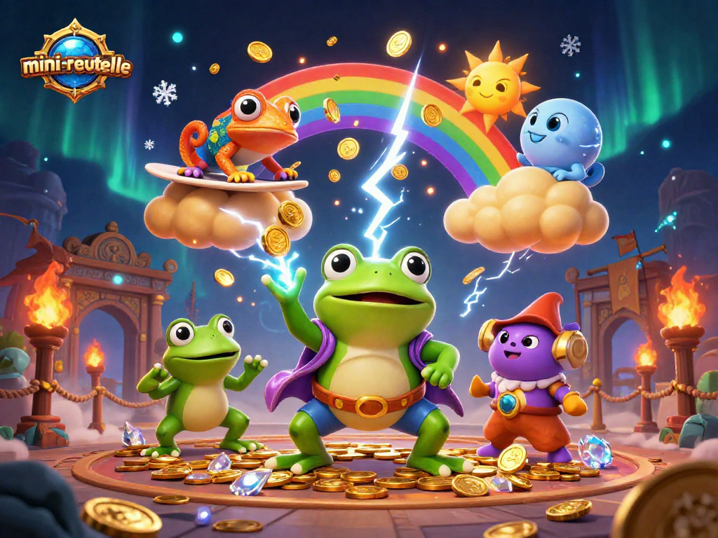 Engage with mini-roulette excitement as a wizard frog conjures coins amidst chameleons in a colorful casino.
