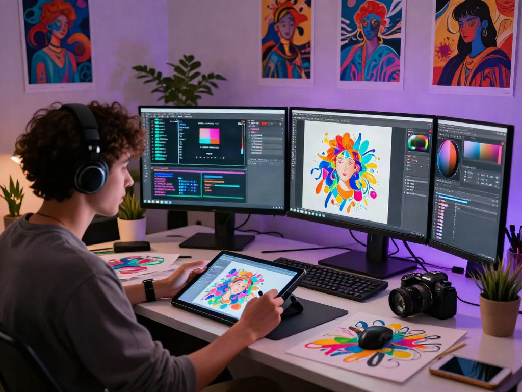 Artist creating evocative nsfw ai imagery in a dynamic digital workspace.