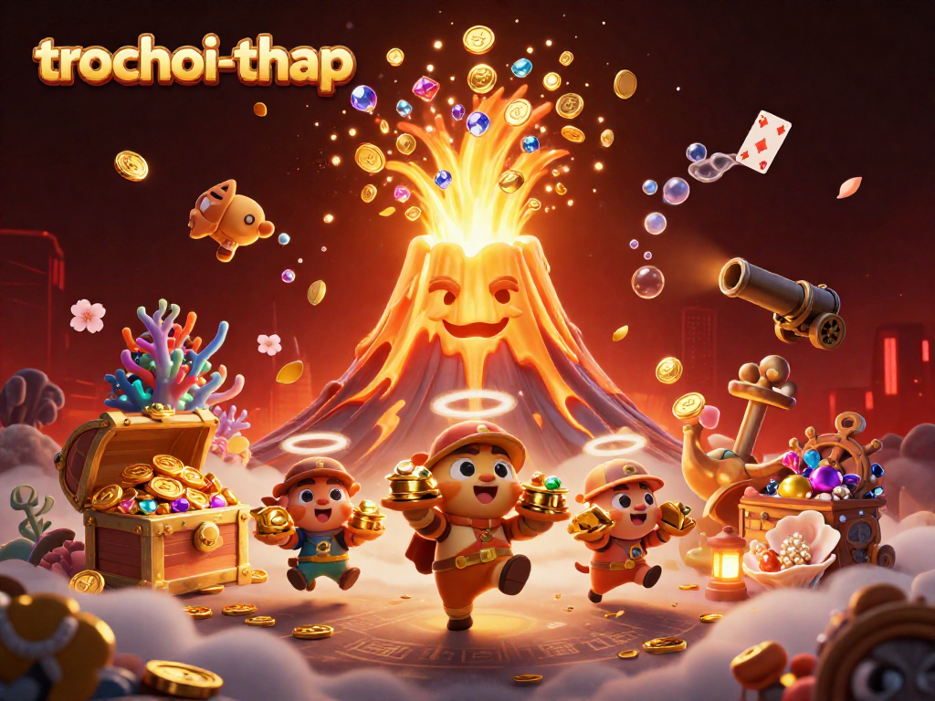 Experience trochoi-thap with a thrilling eruption of treasures, animals, and dynamic action in this vibrant scene.