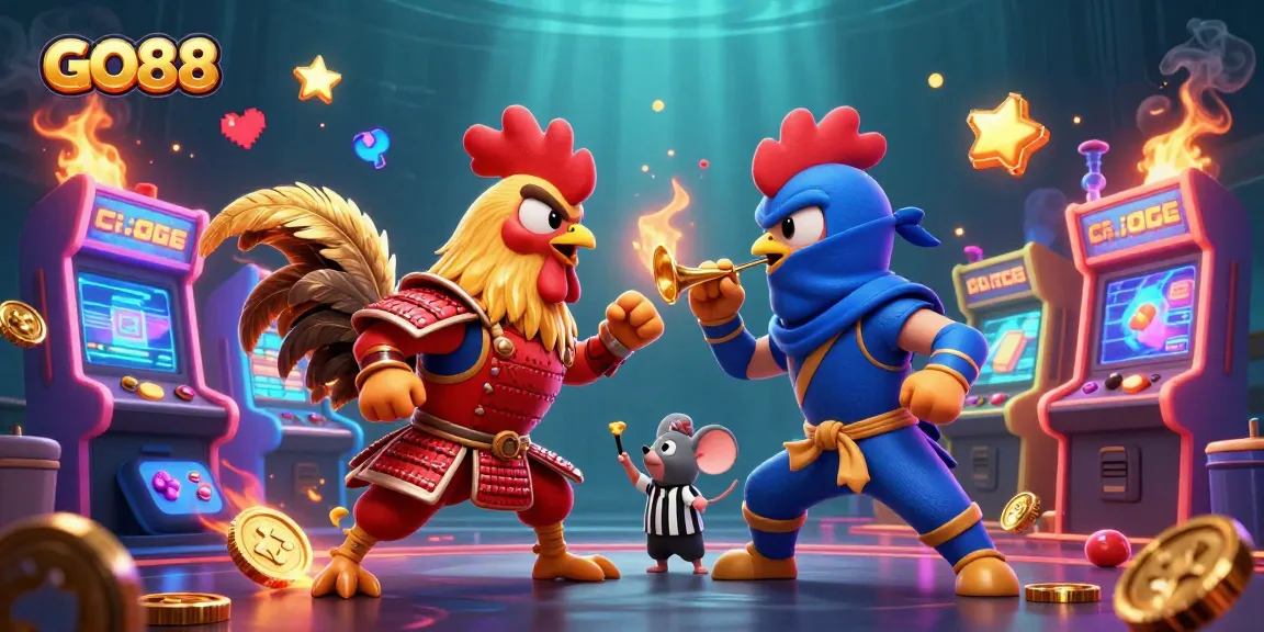 Engage in thrilling GO88 battles with 3D roosters amid a vibrant casino atmosphere.