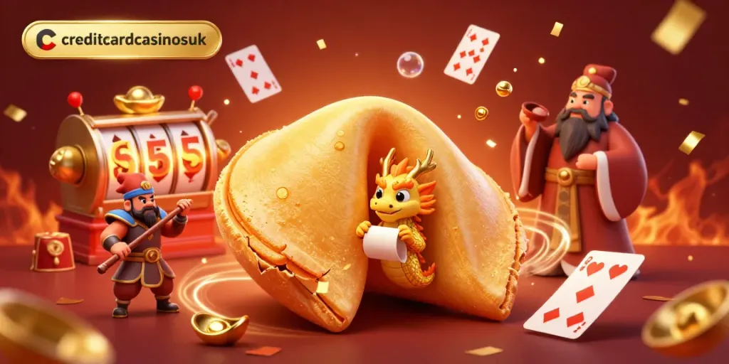 Engage with the vibrant world of creditcardcasinosuk, featuring cartoon characters amidst slot reels and floating cards.