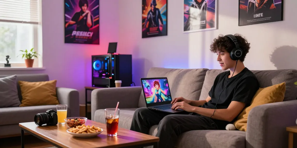 Engaged player enjoying real ecchi games in a cozy home gaming setup with snacks and vibrant LED lighting.