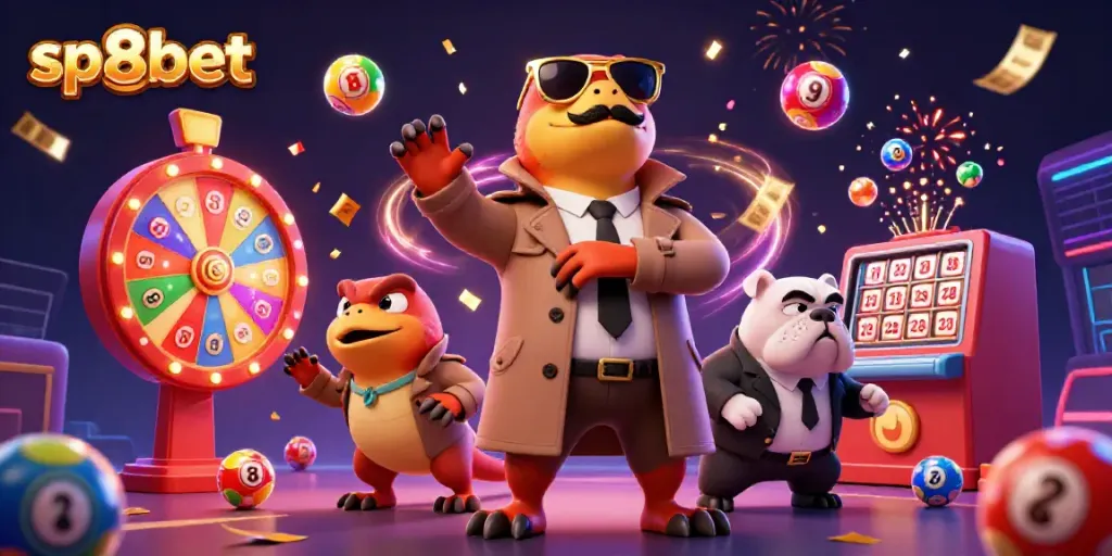 Experience thrilling gambling adventures with sp8bet in this colorful 3D casino scene.