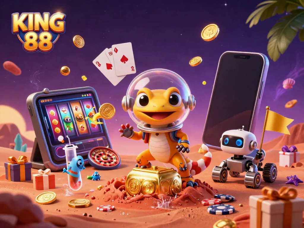 Experience the excitement of KING 88 with a vibrant 3D illustration of a Martian gecko at a golden casino.