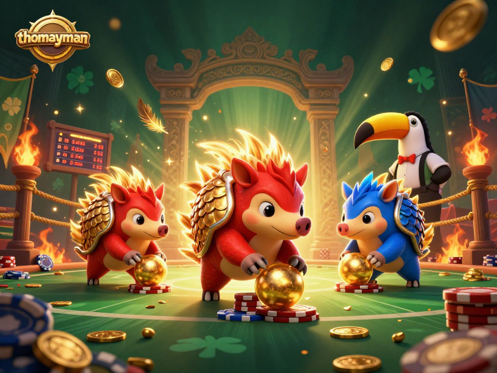 Experience thomayman with animated pangolins rolling into golden balls and stacks of poker chips!