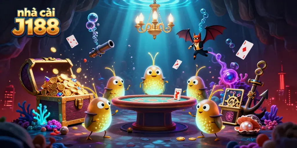 Experience the vibrant atmosphere of nhà cái J188 with glowworms illuminating an underwater casino scene, enhancing the gaming excitement.