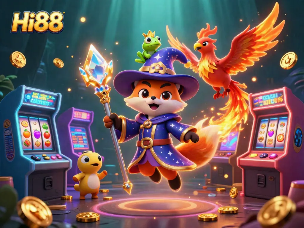 Win big at Hi88 with a vibrant casino scene featuring a wizard fox and phoenix among slot reels and glowing game elements.