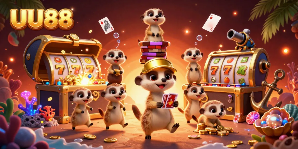 Engage in thrilling casino gameplay with UU88's meerkats, vibrant slot reels, and treasure in a lively scene.