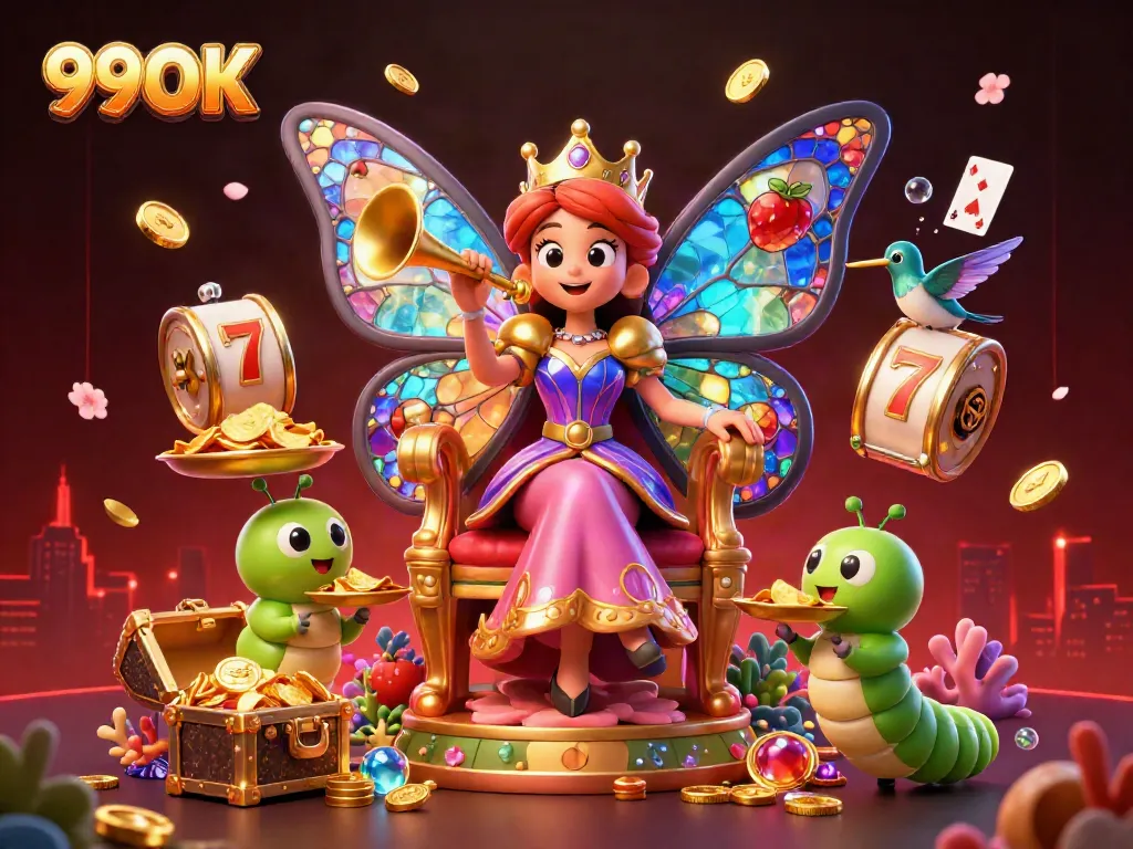 Engage with the vibrant 99OK fantasy casino scene featuring a butterfly queen amidst slot reels and golden treasures.