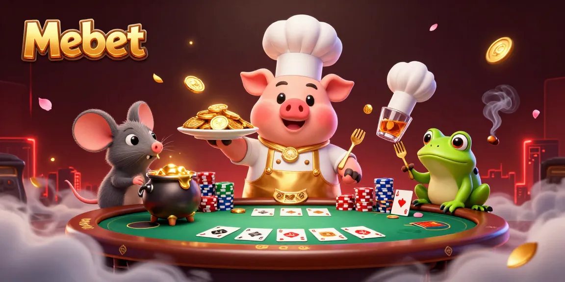 Mebet invites players into a lavish casino scene filled with gold coins and poker excitement.
